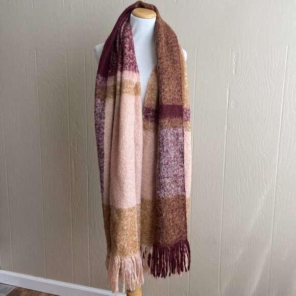 Soft Cozy Chunky Knit Boho Plaid Print Fringe Trim Oversized Scarf Wrap - Picture 12 of 13
